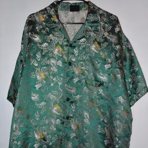 Green & gold satin/silk chinese dragon short sleev